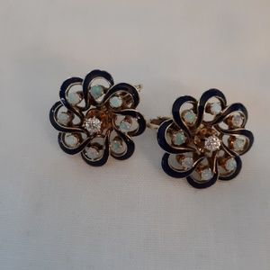 Vintage Gold Enamel, Opal Diamond Earrings